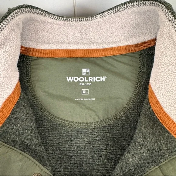 Woolrich XL Olive Pullover Fleece Snap Neck Pocket Outdoor Sweater - Picture 2 of 12